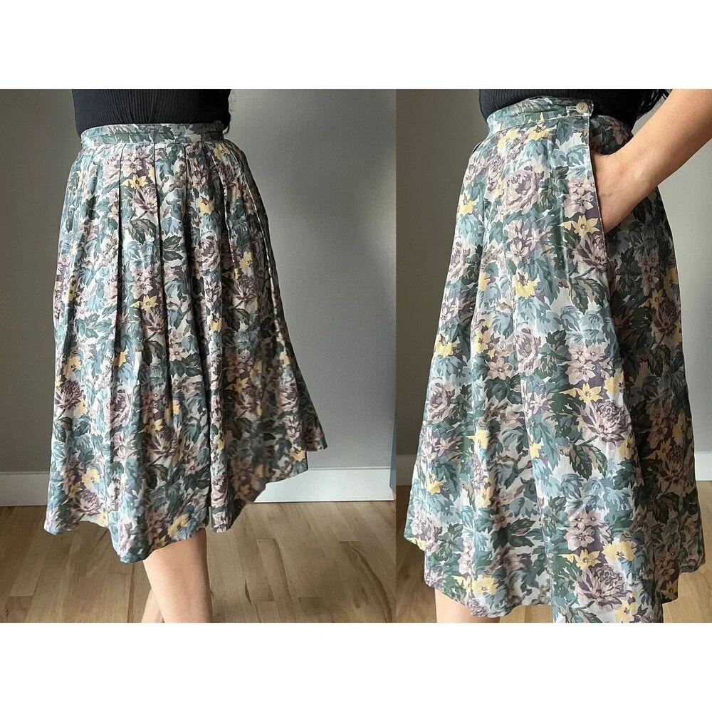 Vtg 80s J.G. Hook‎ Green Floral Preppy Full A-Line pleated Skirt retro size 6